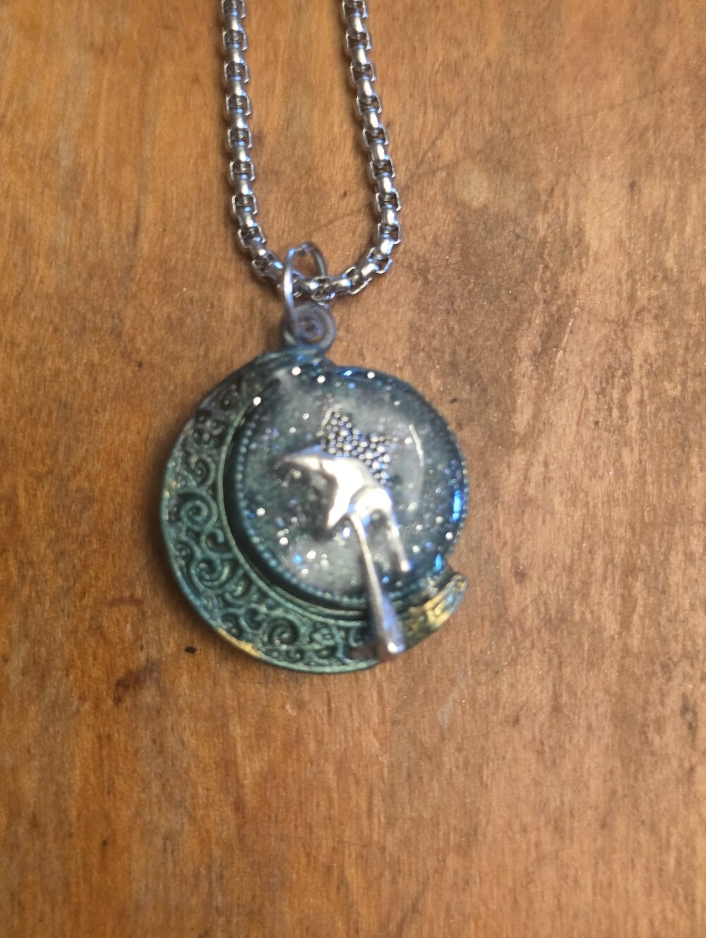 Green Celestial Moon & Star Pendant On Silver-tone Chain Necklace